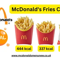 Trzy porcje frytek z McDonald's o różnej wielkości z podaną liczbą kalorii.