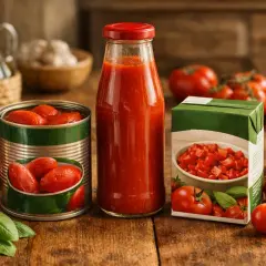 Różnica między sosem marinara a klasyczną passatą pomidorową jest widoczna na stole: puszka całych pomidorów, butelka sosu i kartonik z pokrojonymi pomidorami.
