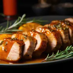 Pokrojony schab w sosie pomarańczowym z rozmarynem. Idealny przykład, jak zrobić dobry sos do mięsa duszonego.