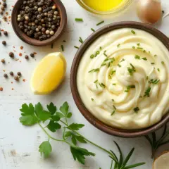 Gęsty majonez w misce, ozdobiony szczypiorkiem, obok cytryny, czosnku i pieprzu. Idealny do sosów.