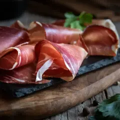 Plastry dojrzewającej szynki na desce. Idealne do nauki jak peklować szynkę na mokro proporcje soli i wody na kilogram.
