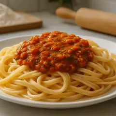 Pyszny makaron spaghetti z sosem pomidorowym. Idealny przykład, jak zrobić sos do makaronu, który zachwyci każdego.