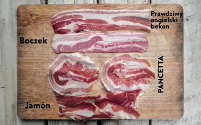 Różnica między boczkiem wędzonym a surowym w przepisach: boczek, pancetta, jamón i prawdziwy angielski bekon na desce.