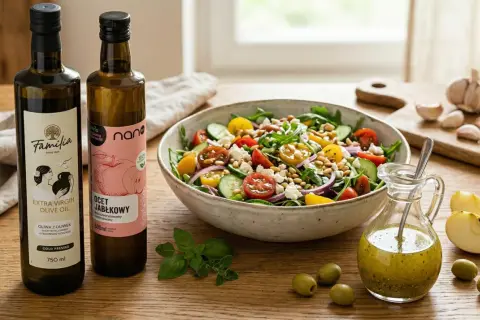 Domowy dressing do surówek na bazie octu jabłkowego. Składniki: oliwa, ocet jabłkowy, zioła, czosnek, jabłko, oliwki.
