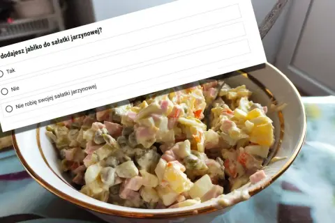 Pytanie: czy do sałatki jarzynowej dodaje się jabłko? Widok na miskę pełną sałatki jarzynowej i ankietę.