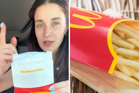 Kobieta trzyma opakowanie frytek McDonald's, obok widać pudełko z frytkami.