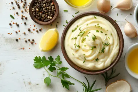 Gęsty majonez w misce, ozdobiony szczypiorkiem, obok cytryny, czosnku i pieprzu. Idealny do sosów.