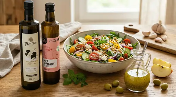 Domowy dressing do surówek na bazie octu jabłkowego. Składniki: oliwa, ocet jabłkowy, zioła, czosnek, jabłko, oliwki.