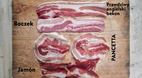Różnica między boczkiem wędzonym a surowym w przepisach: boczek, pancetta, jamón i prawdziwy angielski bekon na desce.
