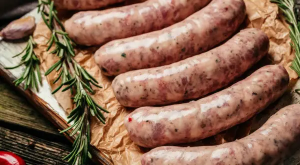 Surowa biała kiełbasa na desce, obok gałązki rozmarynu i papryczki chili. Czy można mrozić białą kiełbasę? Tak, można ją mrozić.