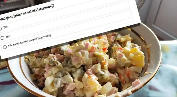 Pytanie: czy do sałatki jarzynowej dodaje się jabłko? Widok na miskę pełną sałatki jarzynowej i ankietę.