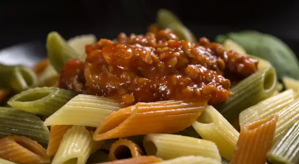 Kolorowy makaron penne z sosem bolońskim. Dowiedz się, jak dobrać sos do makaronu spaghetti a penne, zasady przywierania.