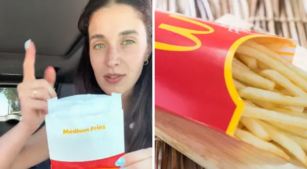 Kobieta trzyma opakowanie frytek McDonald's, obok widać pudełko z frytkami.