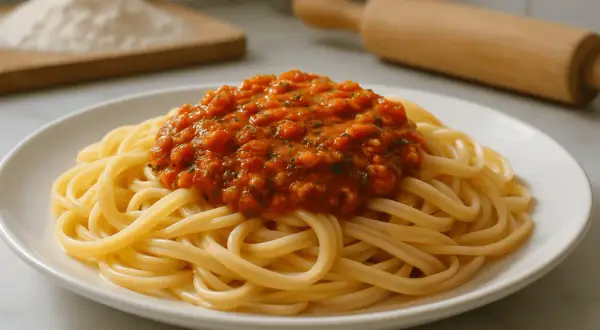 Pyszny makaron spaghetti z sosem pomidorowym. Idealny przykład, jak zrobić sos do makaronu, który zachwyci każdego.