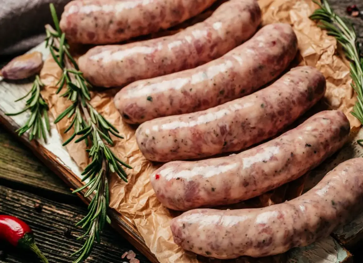 Surowa biała kiełbasa na desce, obok gałązki rozmarynu i papryczki chili. Czy można mrozić białą kiełbasę? Tak, można ją mrozić.