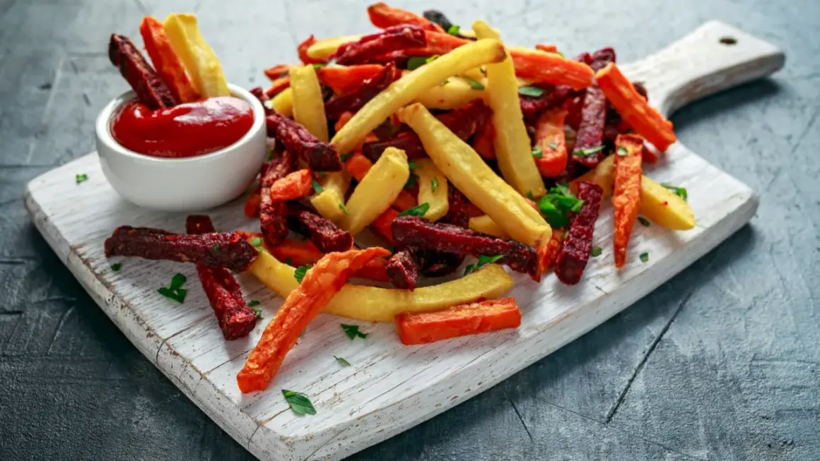 Frytki z buraka, batata i ziemniaka z ketchupem. Jakie przyprawy dodać do frytek poza solą papryka wędzona i parmezan? Może czosnek, zioła prowansalskie lub curry?