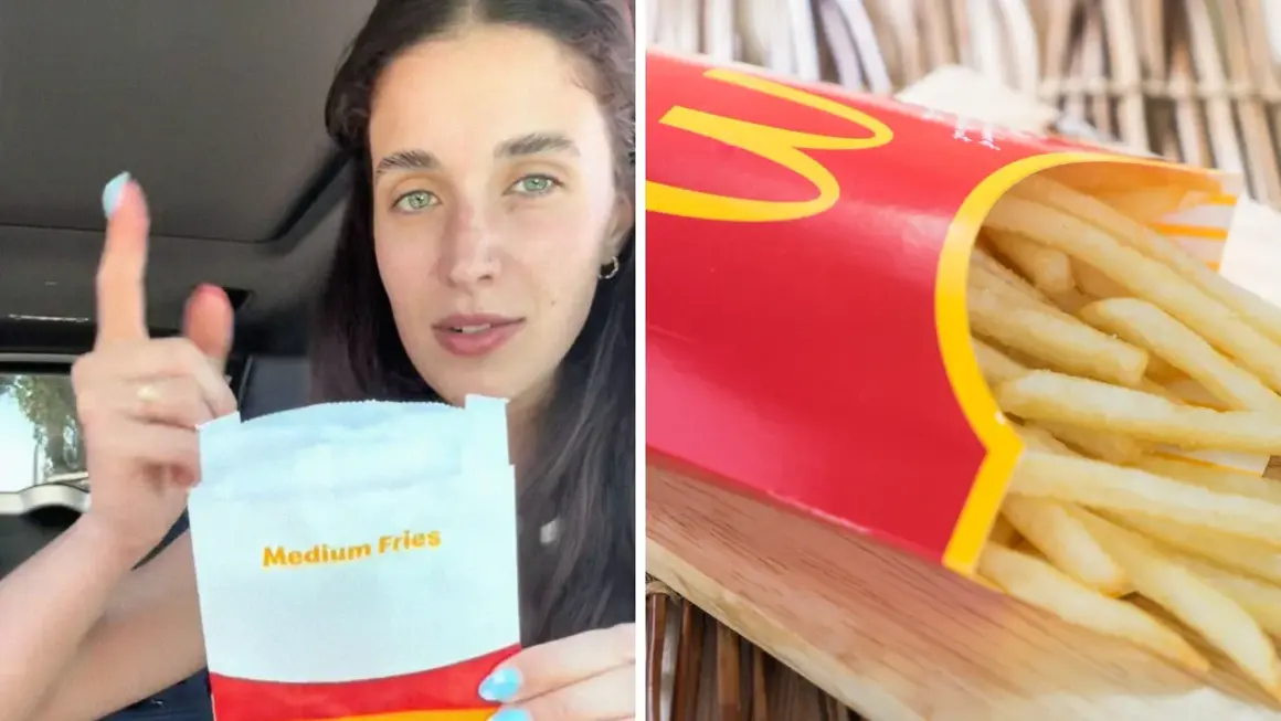 Kobieta trzyma opakowanie frytek McDonald's, obok widać pudełko z frytkami.
