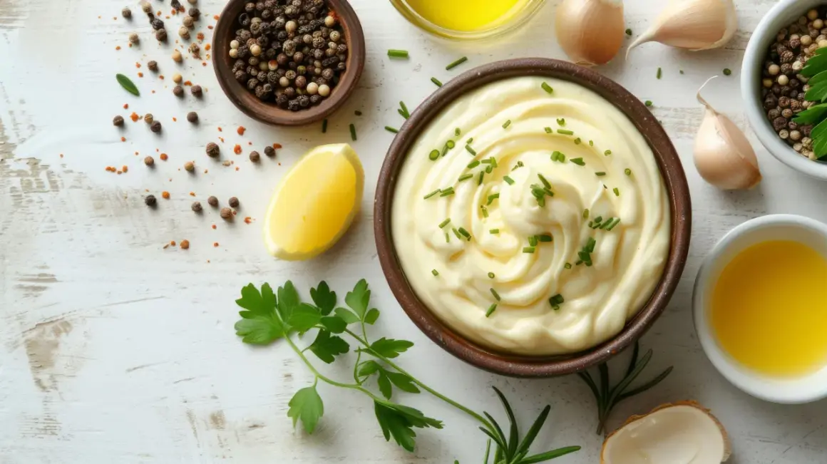 Gęsty majonez w misce, ozdobiony szczypiorkiem, obok cytryny, czosnku i pieprzu. Idealny do sosów.