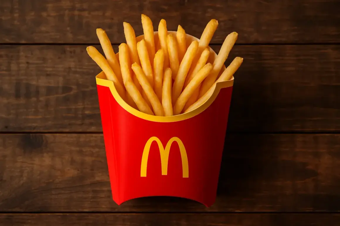 Czerwone pudełko z frytkami McDonald's na drewnianym tle.