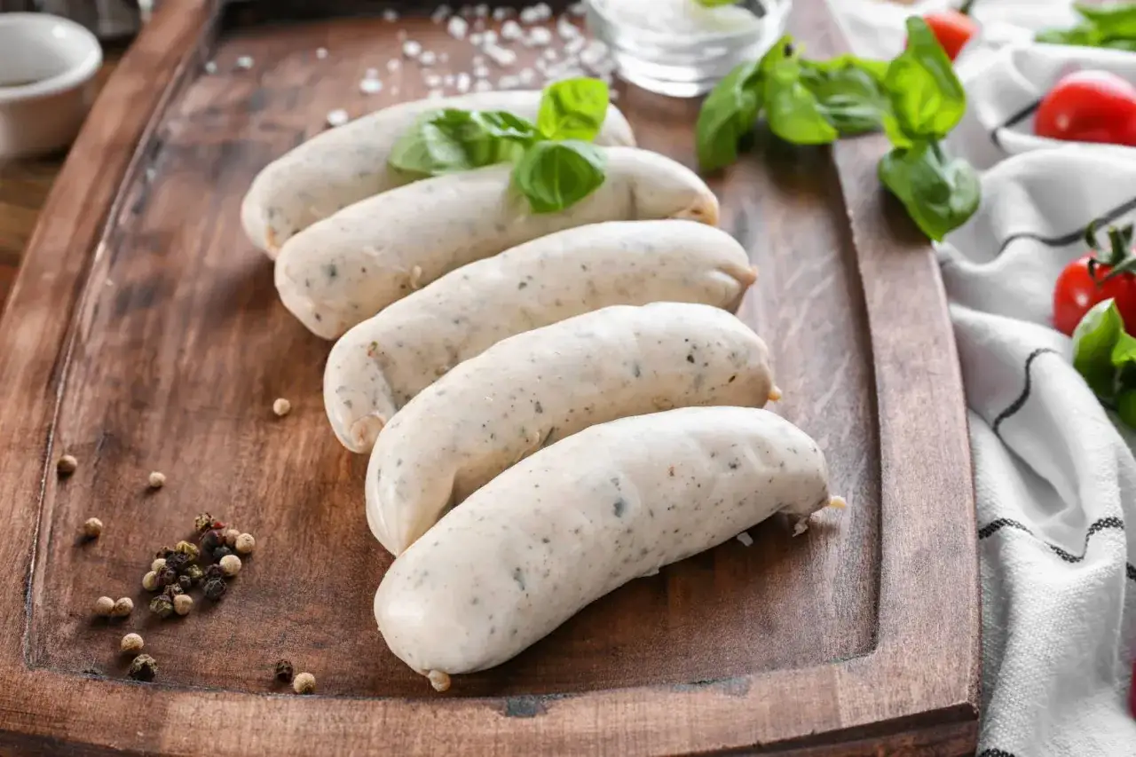 Biała kiełbasa na drewnianej desce, z bazylią i pieprzem. Zastanawiasz się, jak długo gotować białą kiełbasę?