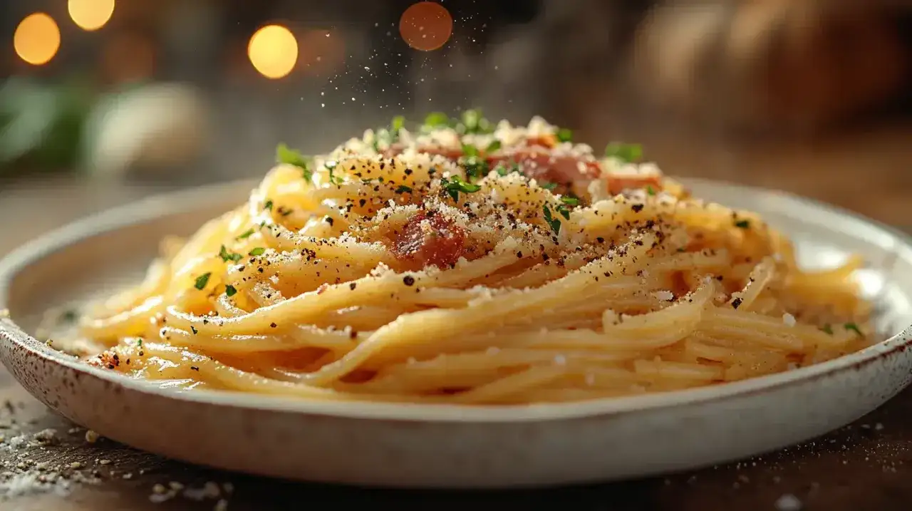 Pyszne spaghetti carbonara, przygotowane według oryginalnego przepisu, posypane parmezanem i świeżo mielonym pieprzem.