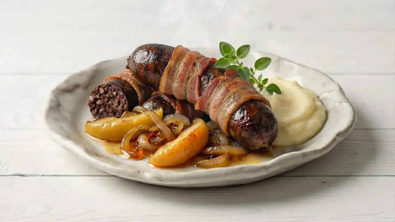 Kaszanka zawinięta w boczek, podana z jabłkami i puree. Idealny sposób, jak przyrządzić kaszankę na obiad.