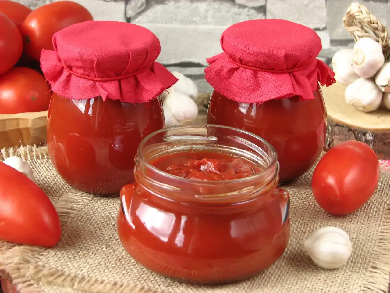 Domowy ketchup do frytek o niskiej zawartości cukru. Słoiki z przetworami, pomidory i czosnek na płótnie.