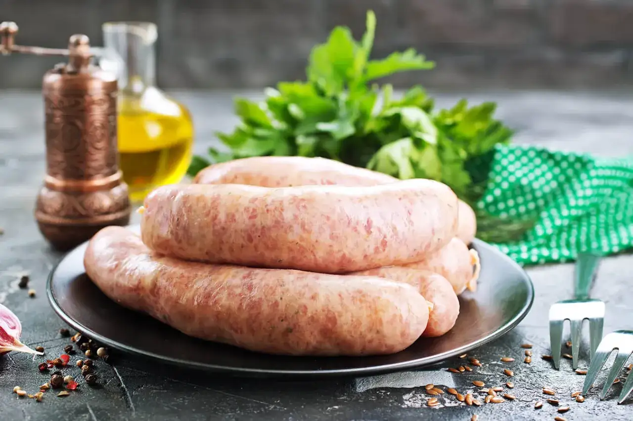 Świeża biała kiełbasa na talerzu, obok przypraw i ziół. Zastanawiasz się, czy można mrozić białą kiełbasę? Tak, można!