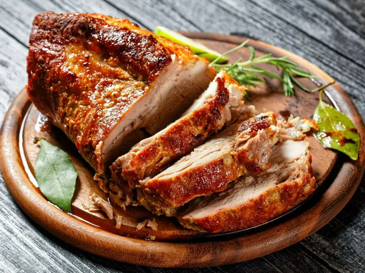 Soczysta polędwiczka wieprzowa pieczona w rękawie, pokrojona na plastry, z ziołami i liściem laurowym. Idealna na obiad.