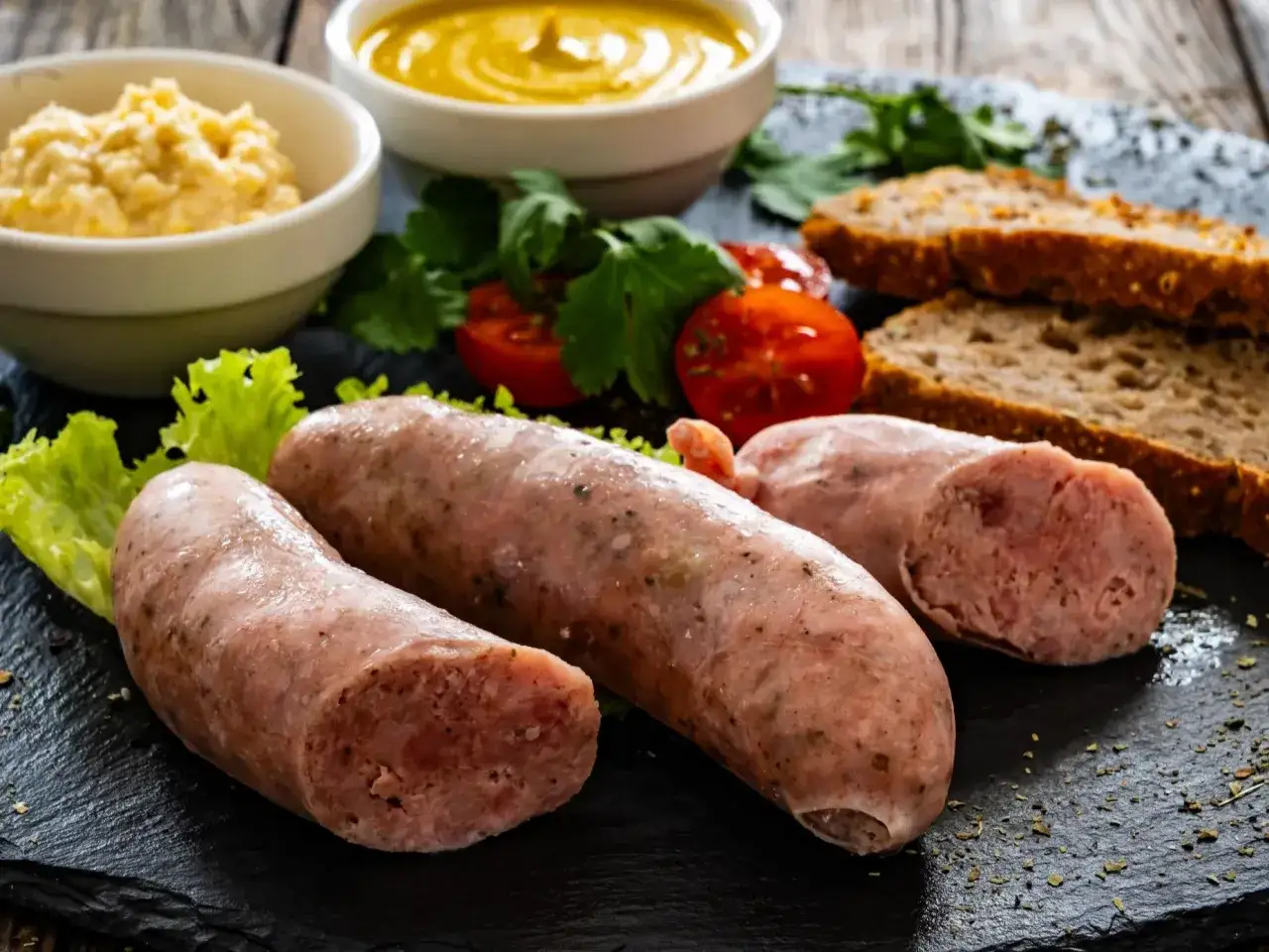 Biała kiełbasa na desce z chlebem, musztardą i chrzanem. Dowiedz się, jak długo gotować białą kiełbasę, by była idealna.