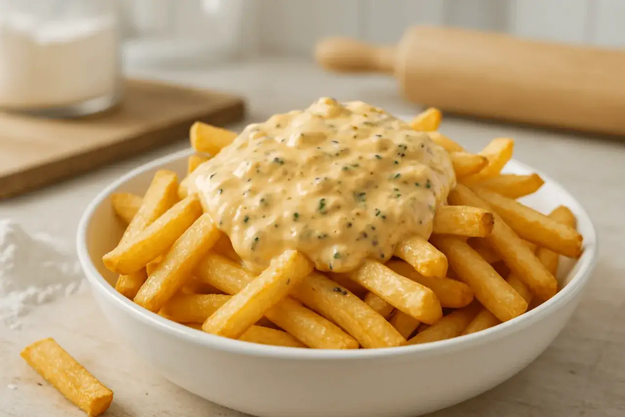 Chrupiące frytki polane kremowym sosem serowym, idealne do przygotowania cheddar dip.