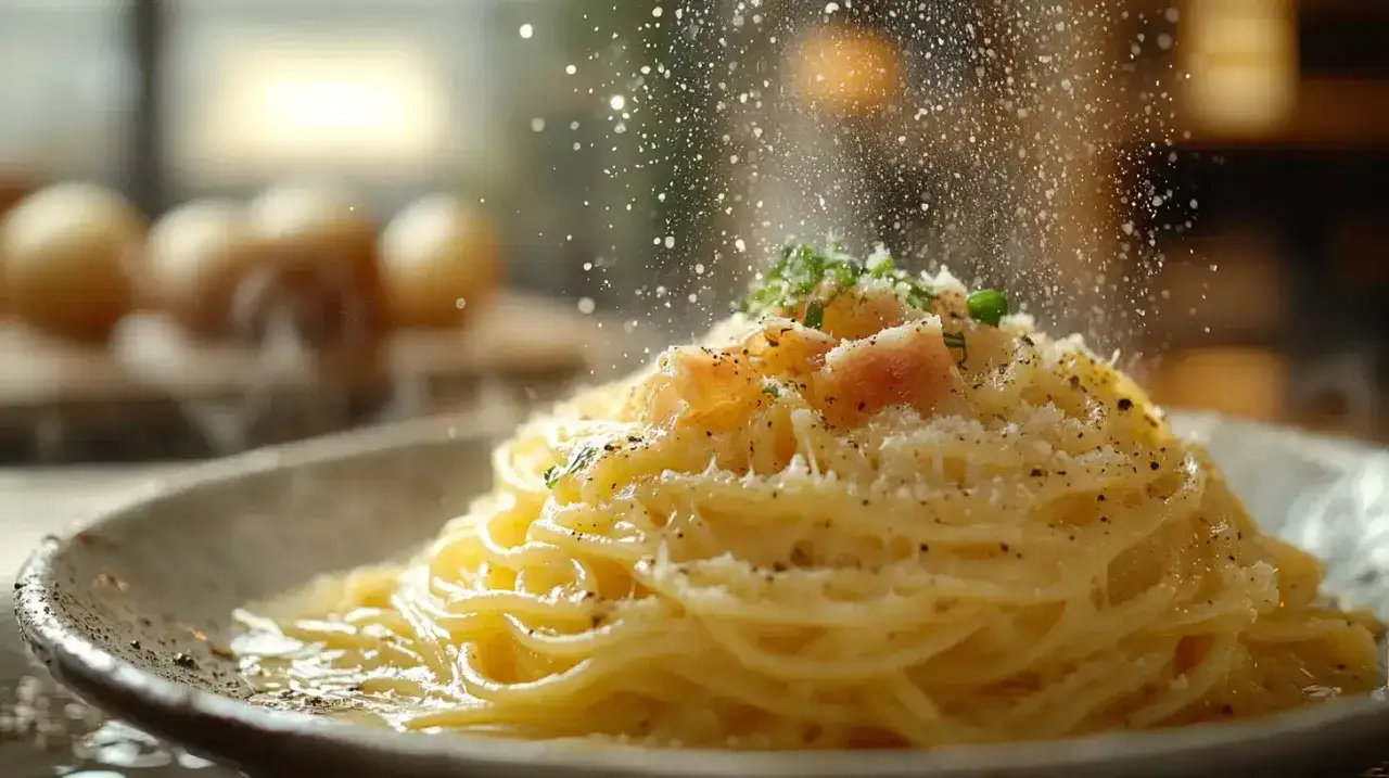 Pyszne spaghetti carbonara, posypane parmezanem i pieprzem. Idealny, oryginalny przepis na włoski klasyk.