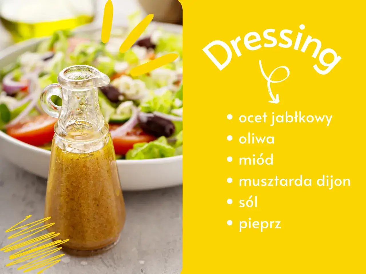 Jak zrobić domowy dressing do surówek na bazie octu jabłkowego: ocet jabłkowy, oliwa, miód, musztarda, sól, pieprz. Idealny do sałatki.