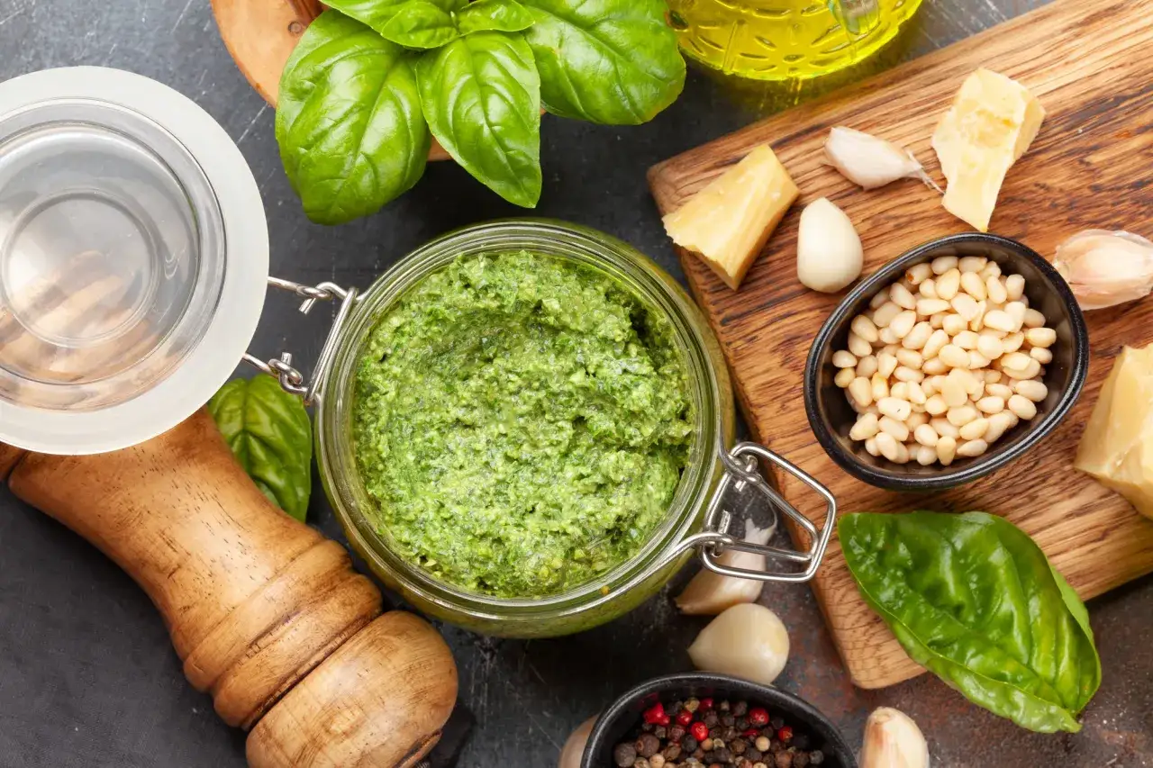 Domowe pesto w słoiku, obok bazylii, orzeszków piniowych, parmezanu i czosnku. Zastanawiasz się, ile czasu można przechowywać domowe pesto w lodówce?