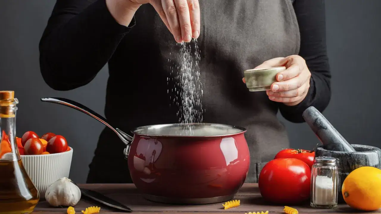 Ręce dodają sól do garnka, ratując przesolony sos pomidorowy. Jak zneutralizować smak? Cytryna i inne triki pomogą.