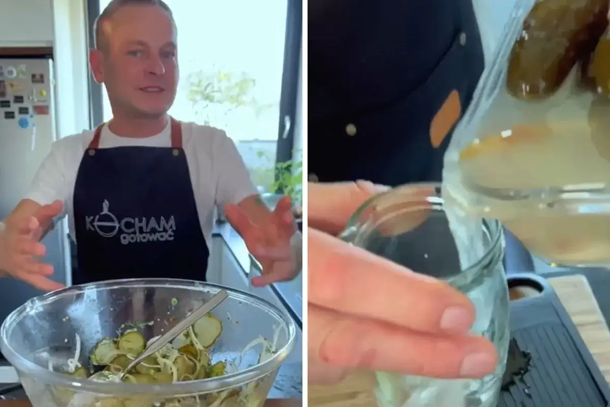 Mężczyzna w fartuchu pokazuje sałatkę i zalewa ogórki. Dowiedz się, dlaczego dodawać zioła na końcu, by uniknąć utraty ich aromatu.