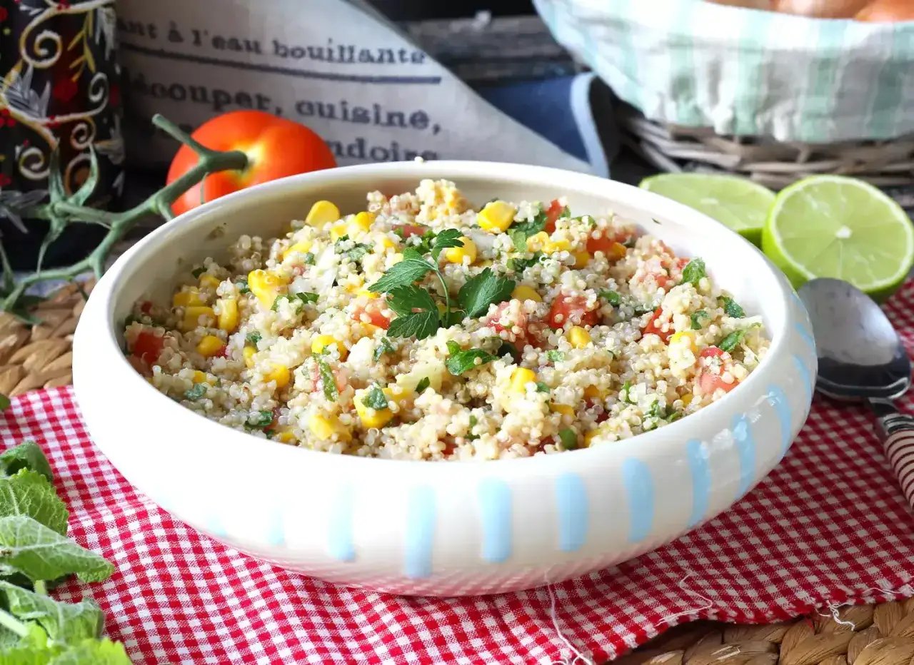Sałatka tabbouleh z komosą ryżową, kukurydzą i pomidorami. Pyszna i zdrowa alternatywa dla tradycyjnej wersji.