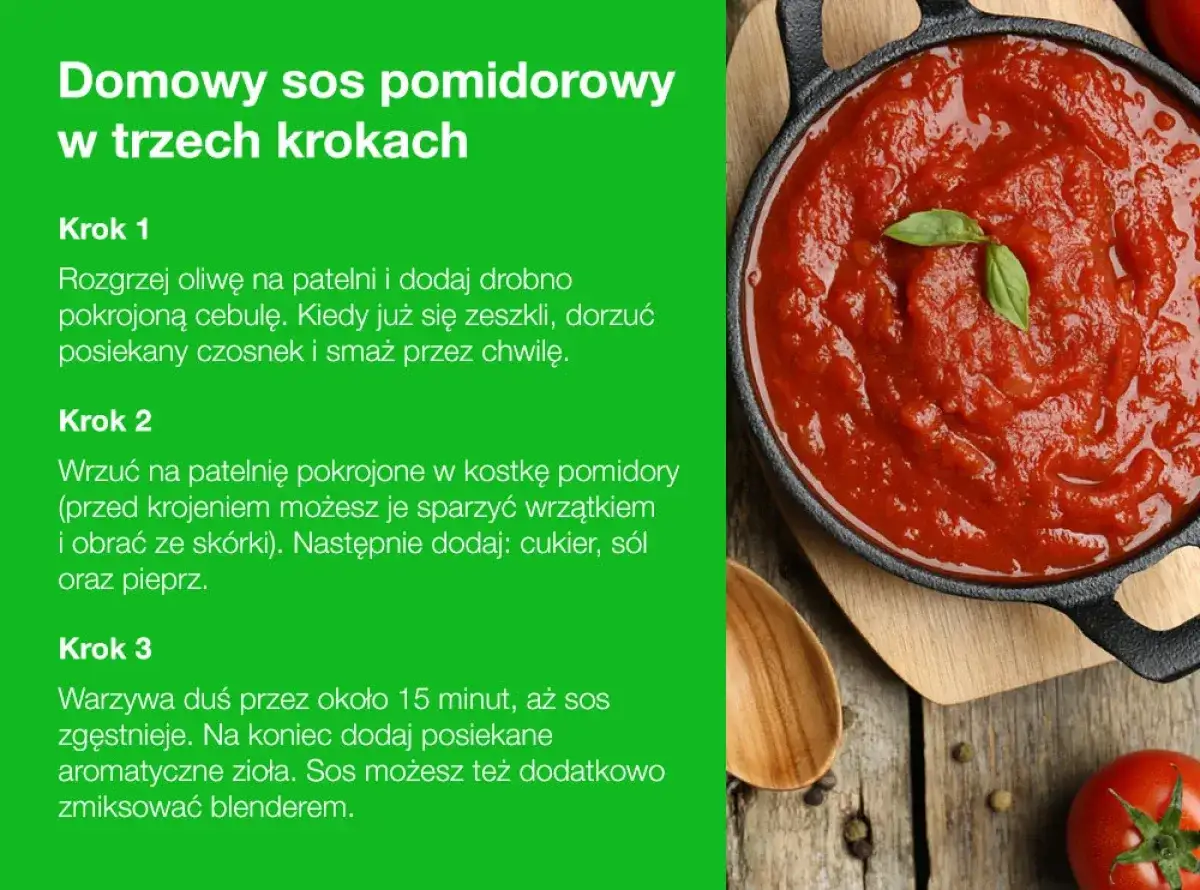 Domowy sos pomidorowy z bazylią. Dodanie ziół na początku gotowania sosu pomidorowego wzbogaca jego smak.