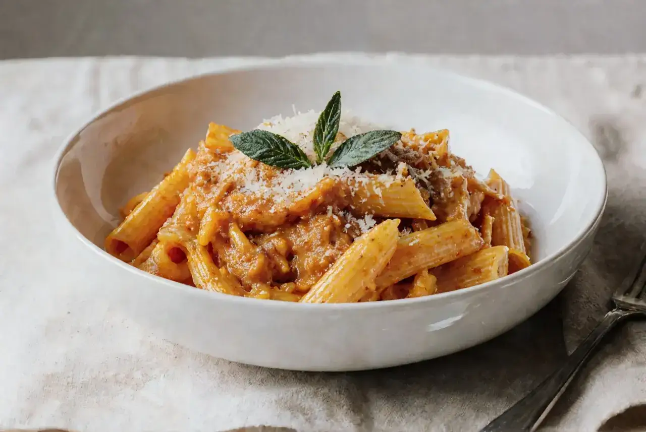 Penne rigate w kremowym sosie dyniowym, posypane parmezanem i udekorowane listkami mięty. Pyszne danie jesienne.