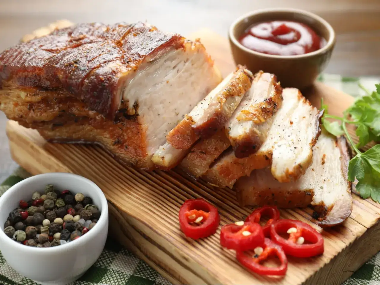Pyszny, pieczony boczek pokrojony w plastry, podany z sosem, pieprzem i papryczkami chili. Idealny na obiad!