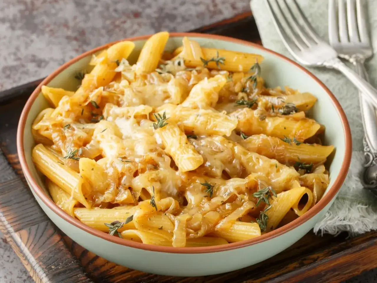 Penne z karmelizowaną cebulą i serem, idealne, gdy zastanawiasz się, jak zrobić sos do makaronu.