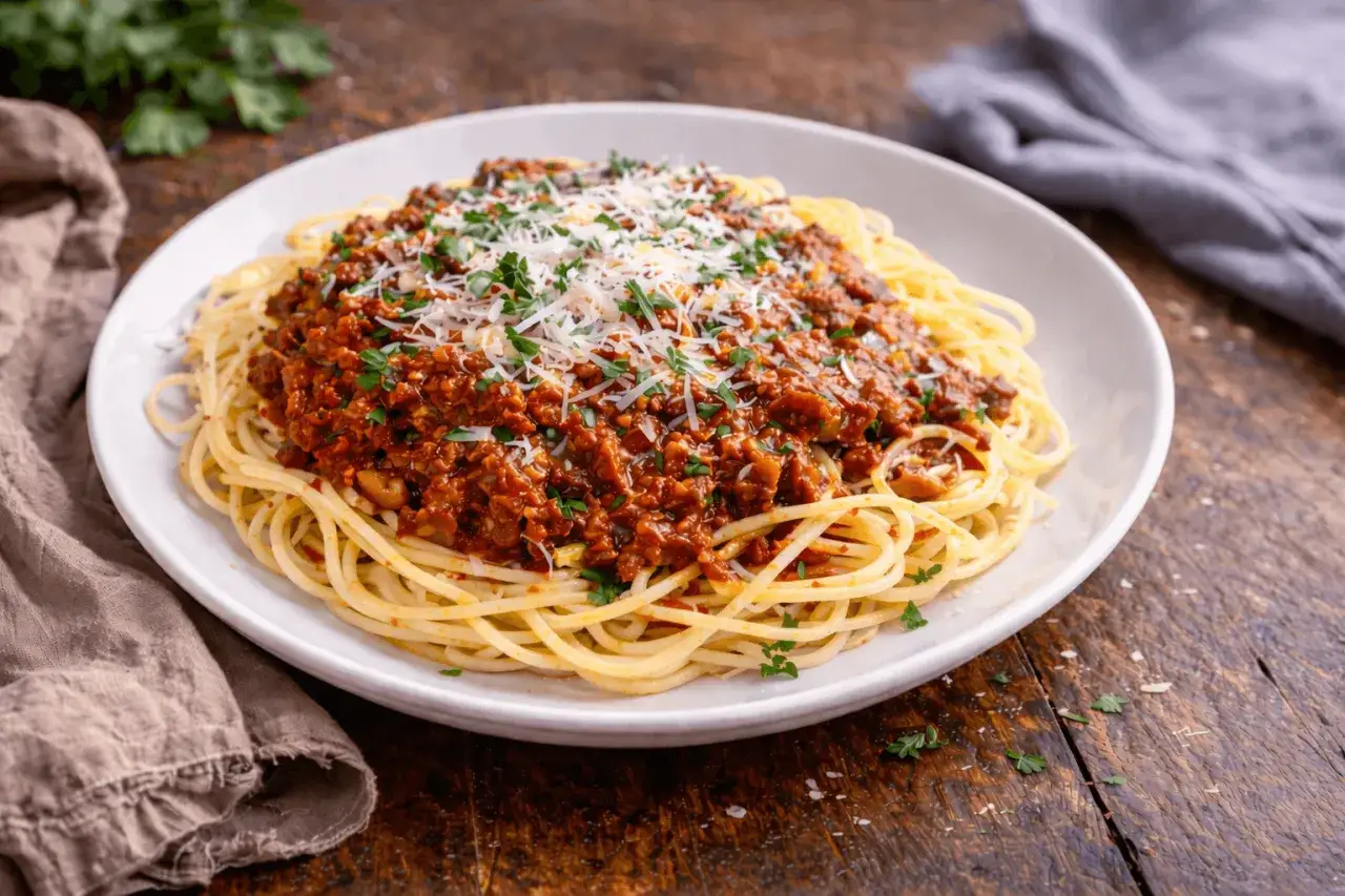 Pyszne spaghetti z bogatym sosem mięsnym, posypane parmezanem i natką pietruszki. Idealne, by dowiedzieć się, jak zrobić sos do spaghetti.