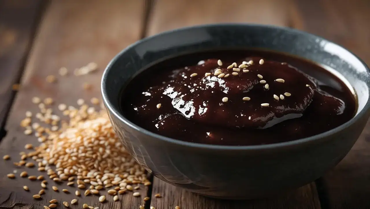 Gęsty, błyszczący sos teriyaki w misce, posypany sezamem. Obok garść ziaren sezamu. Czy warto kupować gotowy sos teriyaki czy zrobić własny?