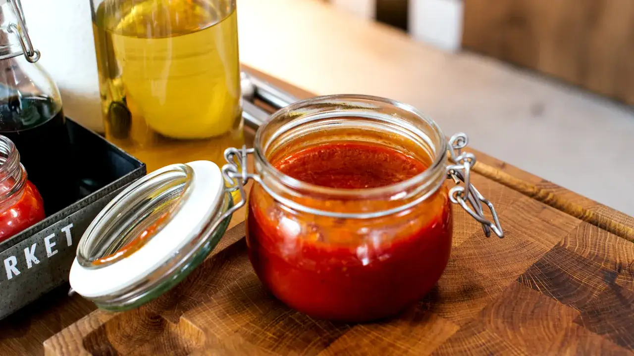 Domowy sos BBQ z wędzonym aromatem bez grilla. Słoik z czerwonym sosem, obok butelki z olejem i ciemnym płynem.