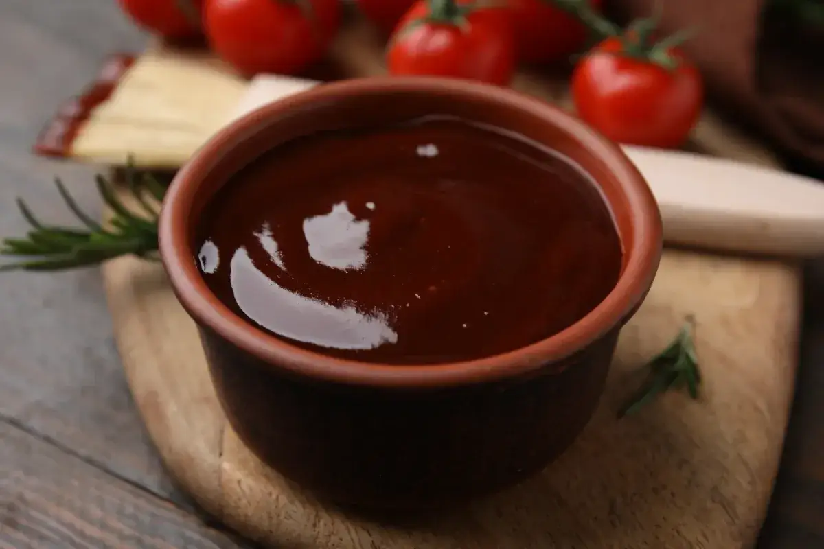 Gęsty, ciemny sos w glinianej miseczce, idealny do pieczeni. W tle pomidorki i rozmaryn, inspiracja, jak zrobić sos do pieczeni.