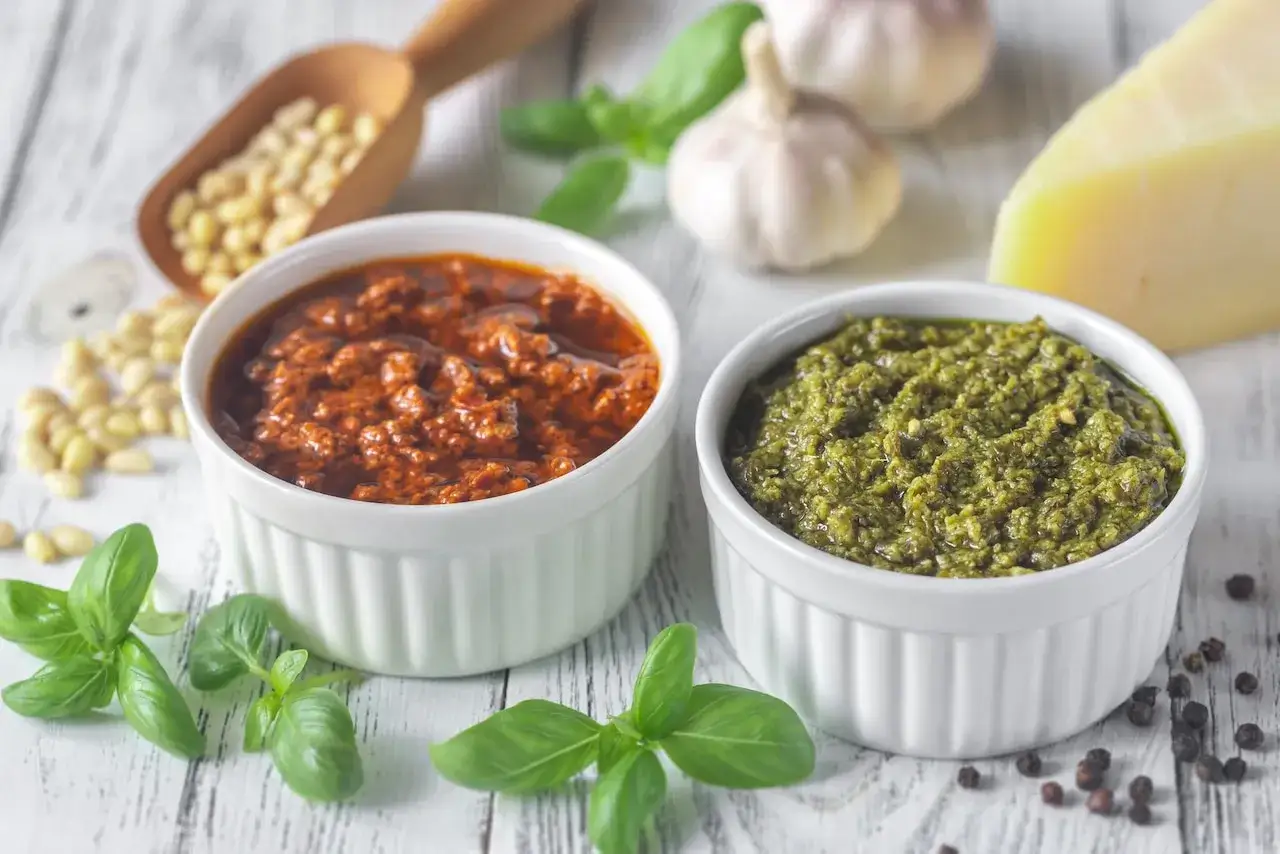 Dwa rodzaje pesto, zielone i czerwone, w białych miseczkach. Zastanawiasz się, ile czasu można przechowywać domowe pesto w lodówce?