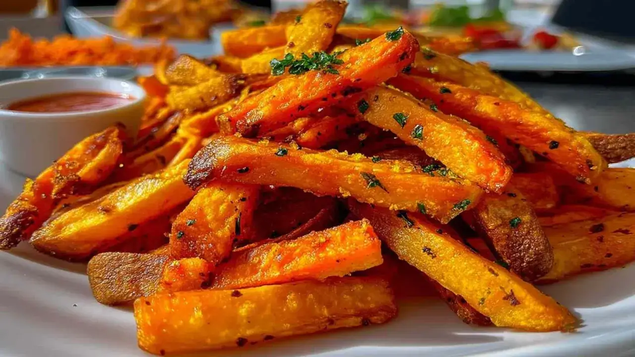 Chrupiące frytki z batatów z airfryera, posypane ziołami, obok sosu. Idealne, by sprawdzić, jak smakuja frytki z airfryer.