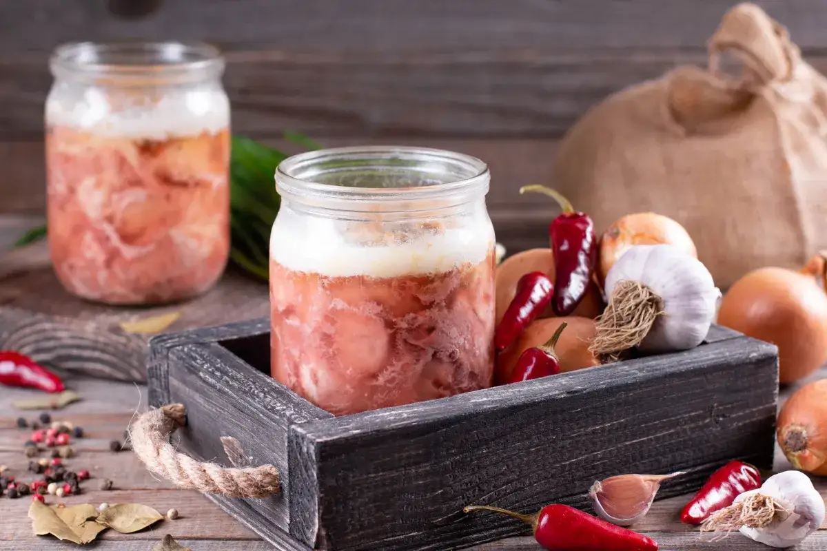 Słoiki z gulaszem, cebula, czosnek i papryczki chili – składniki do pasteryzowania gulaszu w słoiku.
