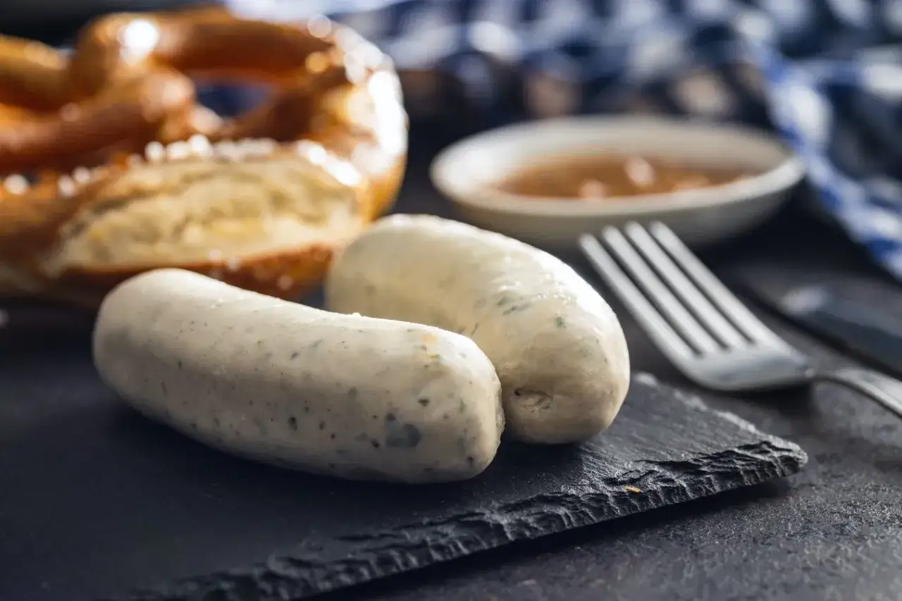 Biała kiełbasa na desce, obok precel i sos. Zastanawiasz się, czy można mrozić białą kiełbasę? Tak, można!