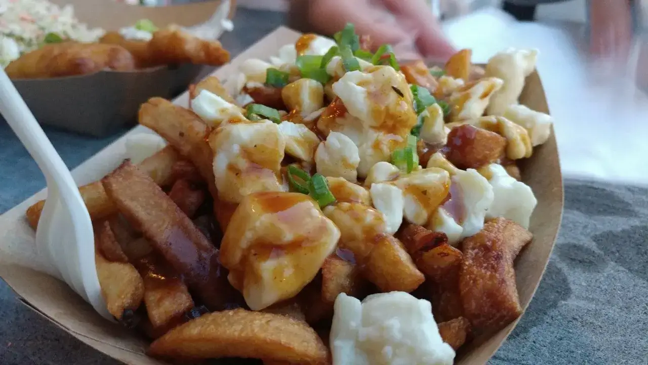 Pyszne frytki poutine z sosem pieczeniowym i serem, posypane szczypiorkiem. Idealne na szybki posiłek.
